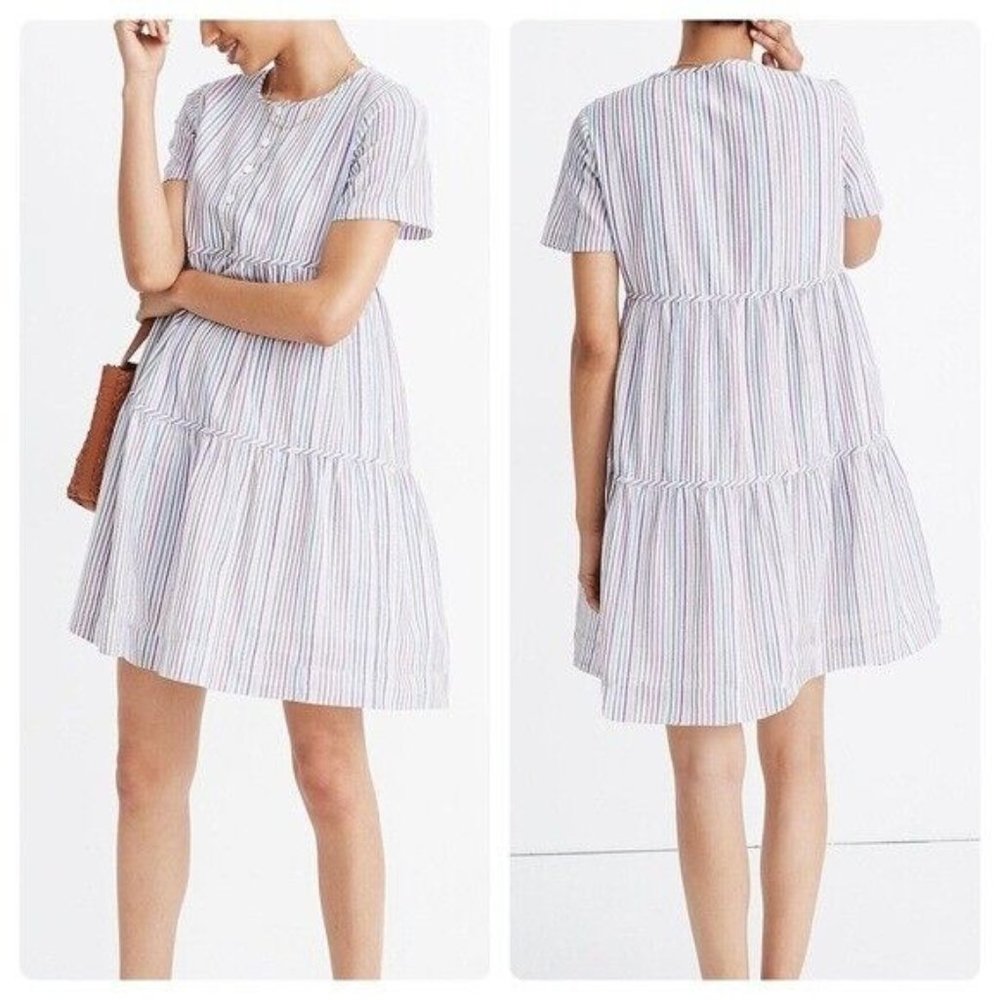 Madewell Striped Crewneck Button Front Tiered Mini Dress Multicolor Cotton